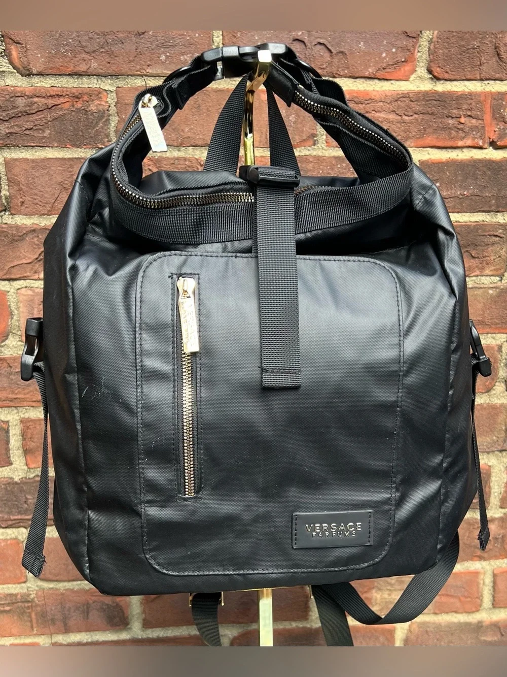 Versace Parfums Convertible Black Nylon Backpack Gold Accents Luxury Unisex